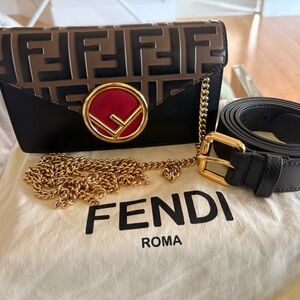 Fendi Black and Brown Clutch with Red Accent
